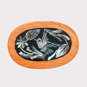 Trinket Box Enameled Mother of Pearl Inlaid, Wooden, Red fabric inside